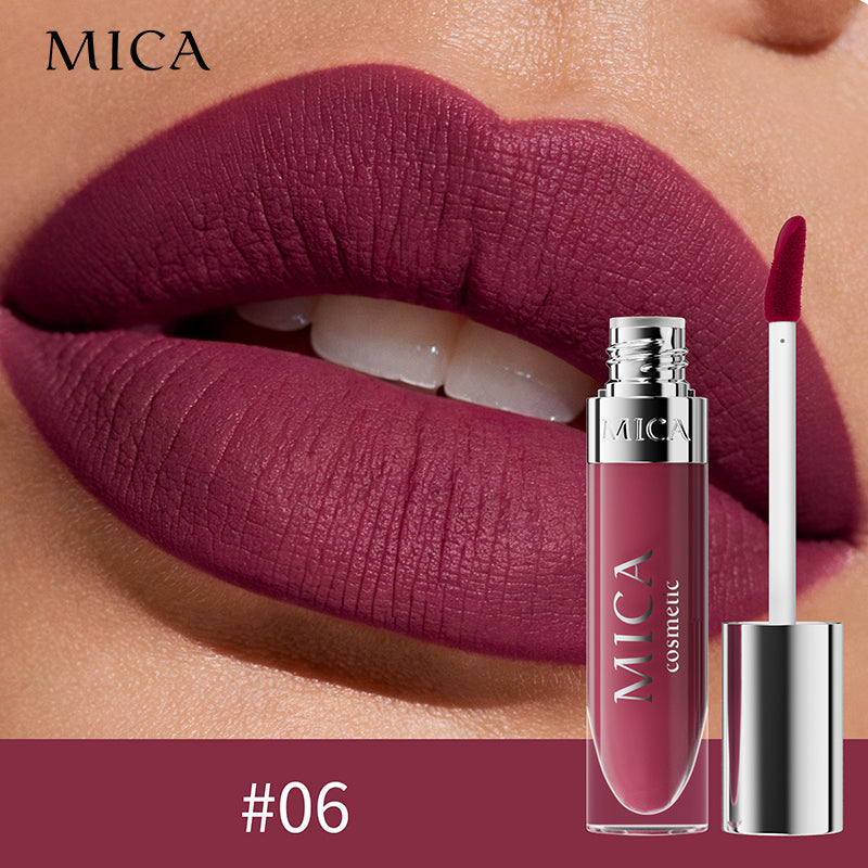Mica lipstick on lips with MICA cosmetic packaging