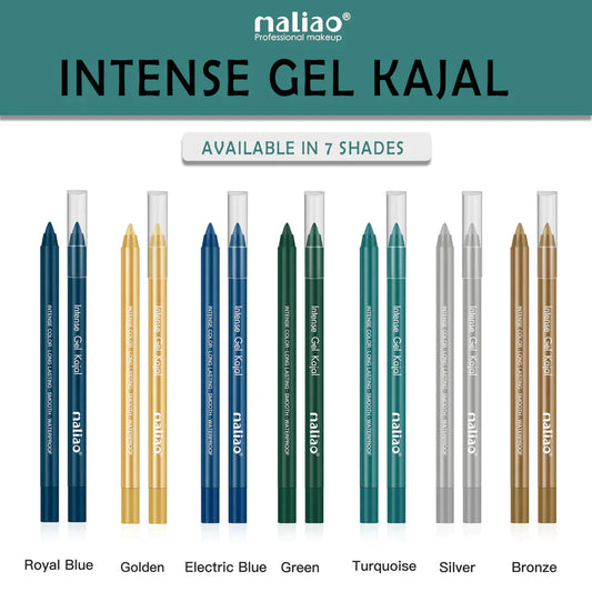Maliao Intense Gel Kajal with 7 different shades on a white background
