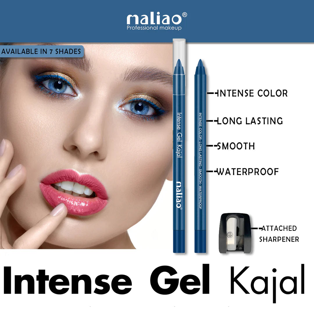 Maliao Intense Gel Kajal advertisement with a model wearing blue eye makeup.