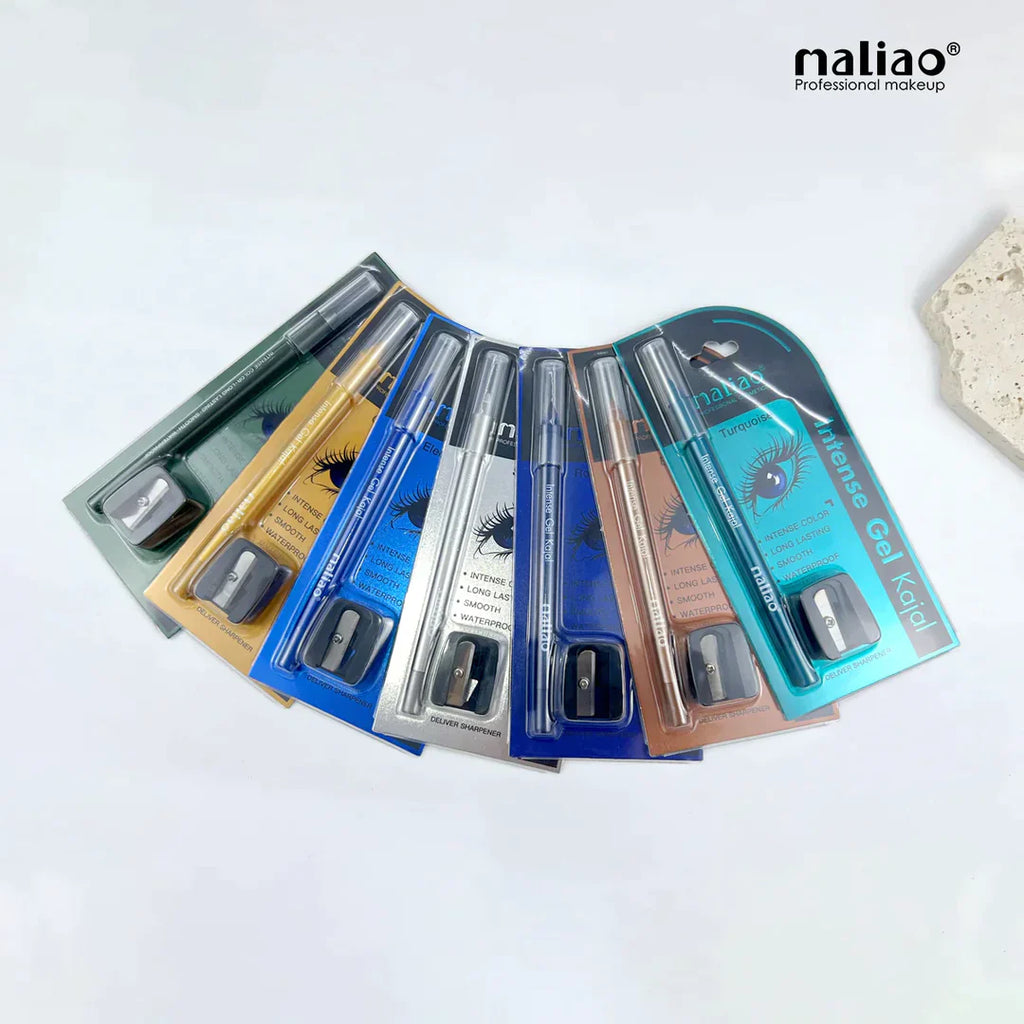 Set of makeup products with applicators on a white background, featuring the brand 'maliao'.