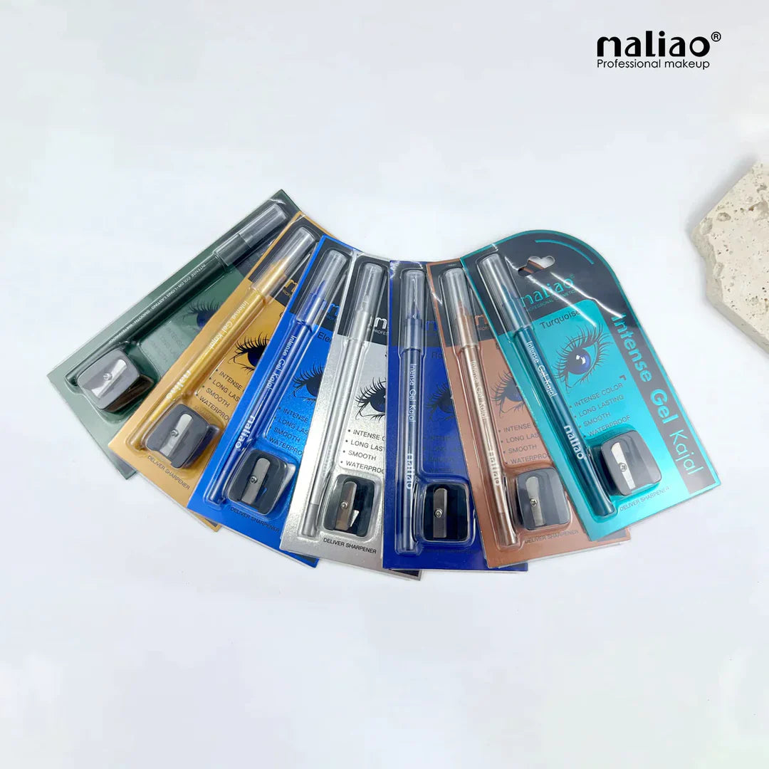 Set of makeup products with applicators on a white background, featuring the brand 'maliao'.
