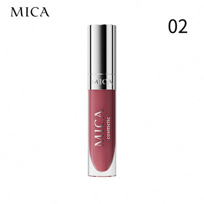 Lipstick with silver cap and 'MICA' branding on a white background