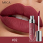 Lipstick with MICA cosmetic branding on a close-up of lips wearing the color.