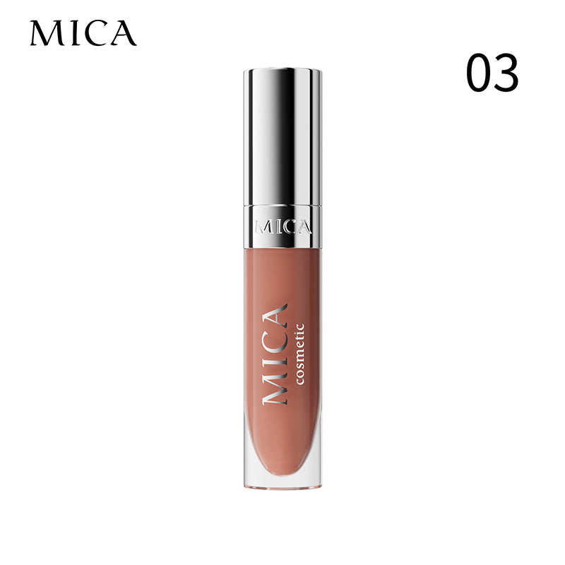 Lip gloss with MICA Cosmetics branding on a white background