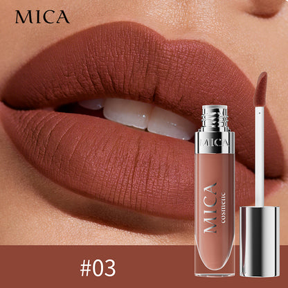 Lipstick with MICA branding on a close-up of lips wearing the color.