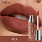 Lipstick with MICA branding on a close-up of lips wearing the color.