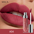 Lipstick with MICA branding applied to lips and product shown separately.