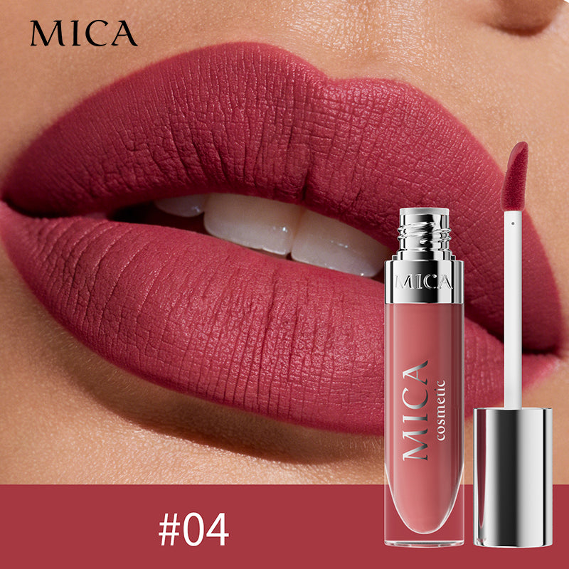 Lipstick with MICA branding applied to lips and product shown separately.