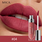 Lipstick with MICA branding applied to lips and product shown separately.