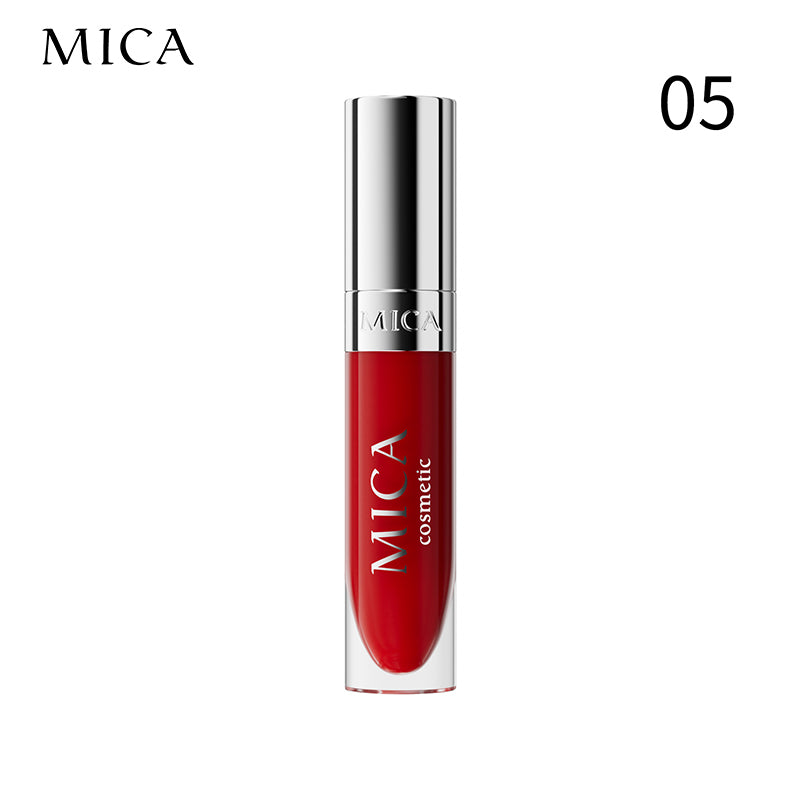 Red lipstick with silver cap on a white background, featuring the brand 'MICA'.