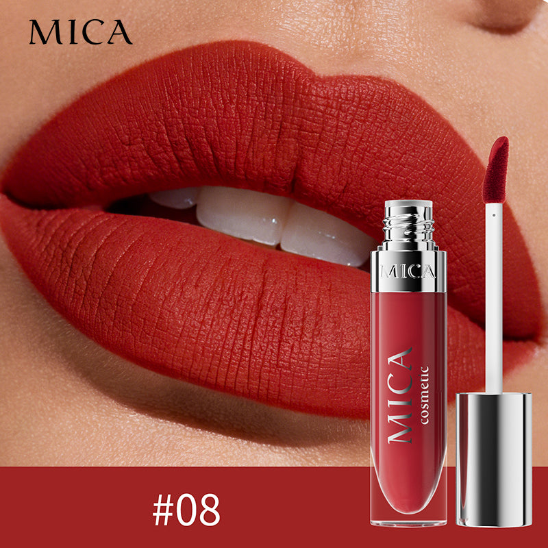 Red lipstick on lips with MICA cosmetic packaging and '08' color code.