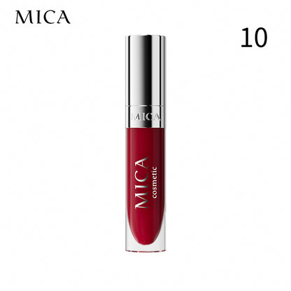 Red lipstick with silver cap on a white background, featuring the brand 'MICA'.