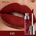 MICA cosmetic lipstick on a close-up of lips with product displayed.