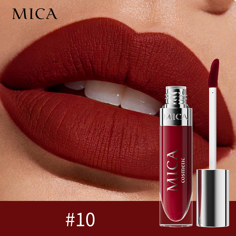 MICA cosmetic lipstick on a close-up of lips with product displayed.