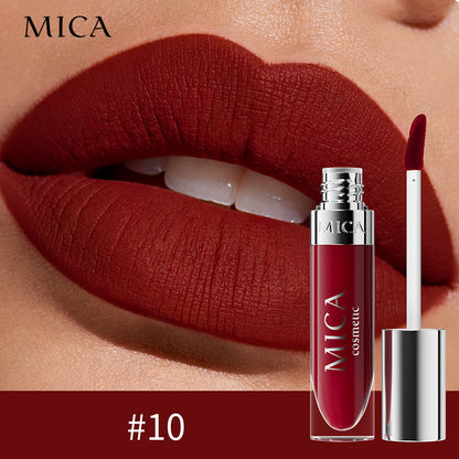 MICA cosmetic lipstick on a close-up of lips with product displayed.