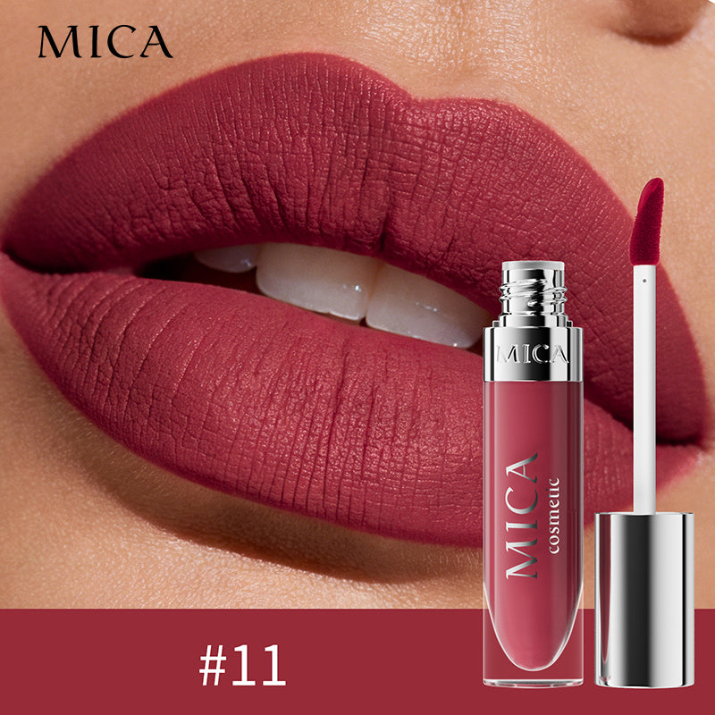Lipstick with MICA branding on a close-up of lips wearing the color.