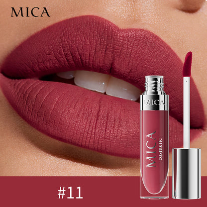 Lipstick with MICA branding on a close-up of lips wearing the color.