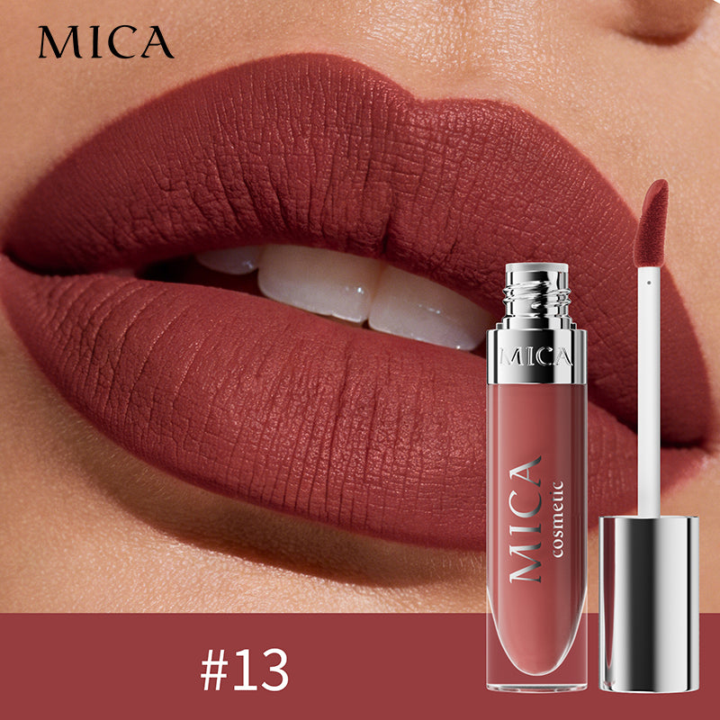 Lipstick with MICA branding on a close-up of lips wearing the color.
