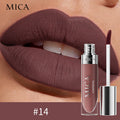 Lipstick with MICA branding on a close-up of lips wearing the color.