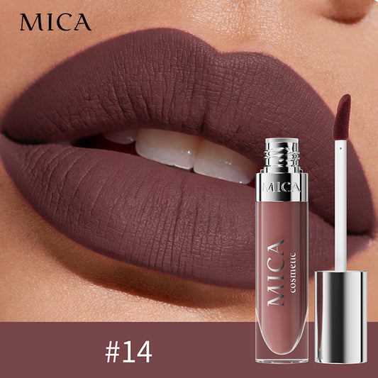 Lipstick with MICA branding on a close-up of lips wearing the color.