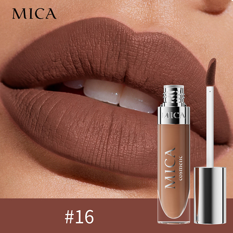 Lipstick with applicator and MICA branding on a close-up of lips.