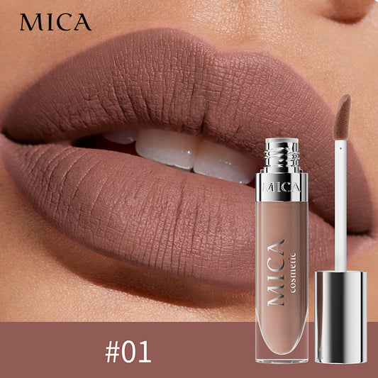 Lipgloss with MICA Cosmetics branding on a close-up of lips