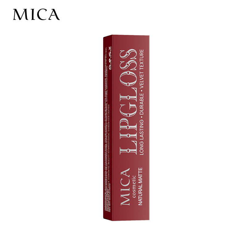 MICA lip gloss packaging on a white background
